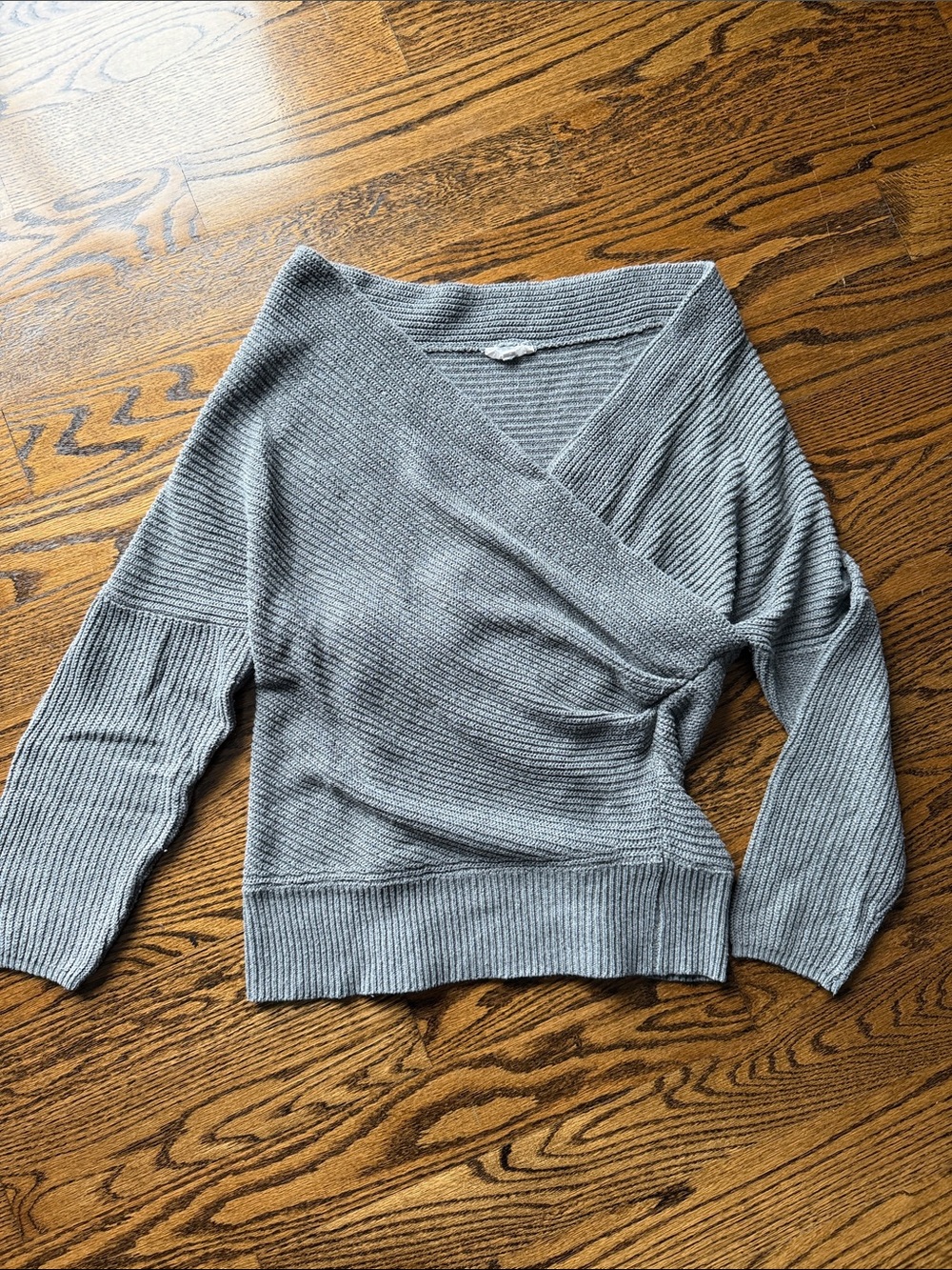 NUDE Gray Ribbed V-Neck Wrap Sweater
